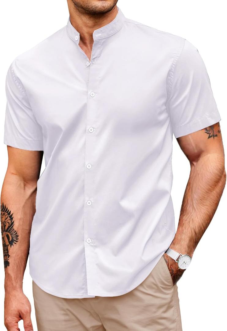 COOFANDY Muscle Fit Dress Shirts for Men Banded Collar Casual Button Down Shirts (Large, White)