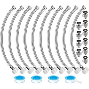 10 Pack 16 Inch Toilet Water Supply Connector Line Braided Stainless Steel, 3/8 Female Compression x 7/8 Female Ballcock Thread Includes 10 Pcs 3/8 to 1/2 Water Line Adapter and 4 Pcs Plumber's Tape