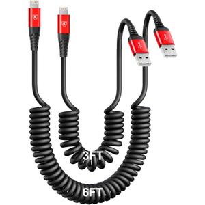 Coiled Lightning Cable, iPhone Charger Cable 3FT/6FT for CarPlay, 2 Pack [Apple MFi Certified] Lightning Cord Compatible with iPhone14/13/12/11 Pro Max/XS MAX/XR/XS/X/8/7/Plus/6S iPad/iPod-Red
