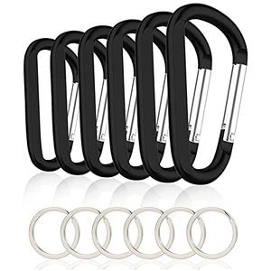 CampTek 6PCS Black Carabiner Caribeaner Clip,3" Large Aluminum D Ring Shape Carabeaner with 6PCS Keyring Keychain Hook