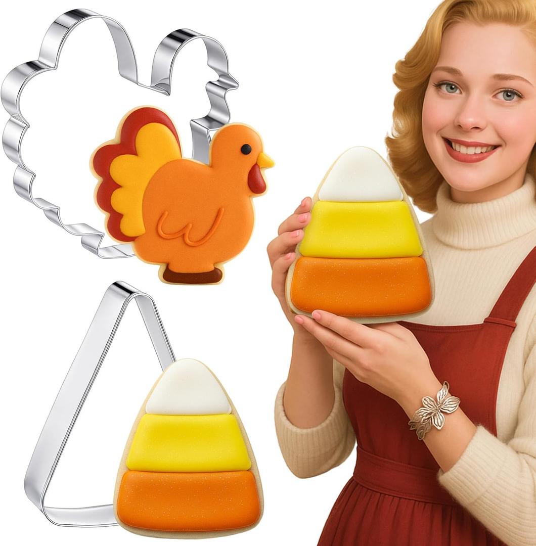 2 Pcs Extra Large 8" Thanksgiving Cookie Cutters Including Giant Candy Corn and Turkey Shaped Stainless Steel Mold Cutters for Fall Holiday Baking