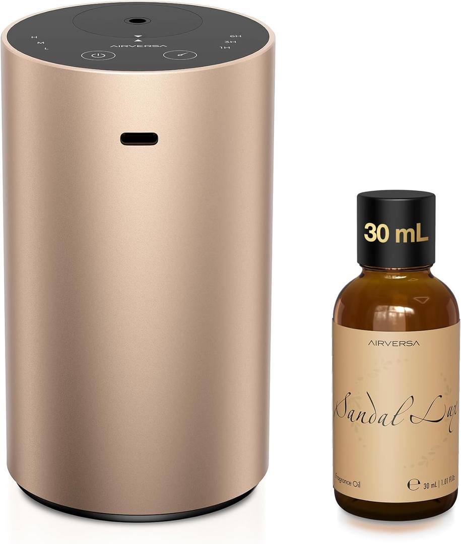 Waterless Essential Oil Diffuser Starter Kit with 30mL Sandal Lux Fragrance Oil Inspired by Luxury Hotel Scent for Home Car Office, Aroma Air Diffuser, Battery Operated, ADX-Kit Metal Desert Titanium