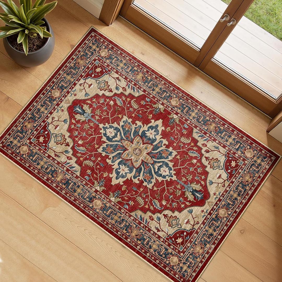 RELEANY Area Rugs 7'x10" Washable Non-Slip, Floral Vintage Dustress Print Atte Medallion Carpet for Living Room Bedroom Dining Room, Red Blue