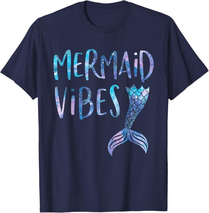 Mermaid Vibes Cute Funny Mermaid Tail Birthday Party T-Shirt Small (Blue, L)