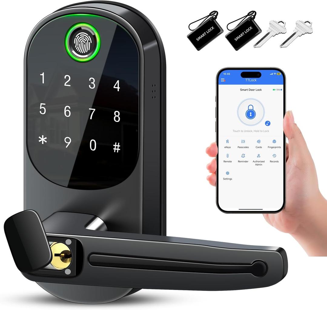 Smart Lock with Handle,Fingerprint Keyless Entry Door Lock,App Control,Keypad Deadbolt with Auto Lock,One-Time Codes,for Front Door,Airbnb & Rental Property,Easy Installation