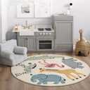 Poowe Cute Animals Kids Room Rug,47.2" Round Washable Area Rugs Rabbit Rug Nursery Rug for Baby Boys Girls Play Mat Floor Carpet Non Slip Soft Rugs for Living Room Bedroom Playroom Classroom