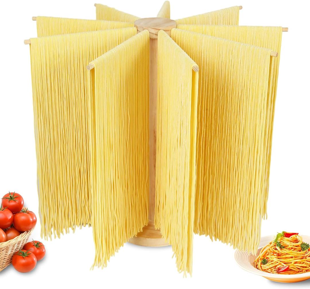 Wooden Pasta Drying Rack with 9 Arms, Detachable Noodle Dryer Stand for Homemade Spaghetti, Easy to Assemble and Store, Space-Saving Pasta Holder for Kitchen or Cooking Gift