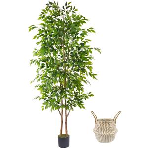 8ft Artificial Ficus Tree, 96 Realistic Ficus Leaves Large Fake Plant with Basket, Indoor Outdoor Potted Faux Tree for Home Garden Office House Livingroom Dcor