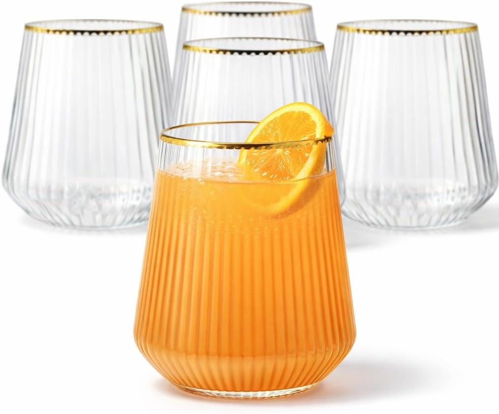 Oojami 18 Count Origami Ripple Stemless Plastic Wine Glasses, 12 oz Disposable Unbreakable BPA-Free Cups, Gold Rim  Elegant Ribbed Design for Wine, Champagne, Whiskey, Cocktails, Parties & Events