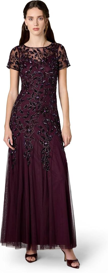 Adrianna Papell Women's Beaded Gown with Godets, Night Plum, 18