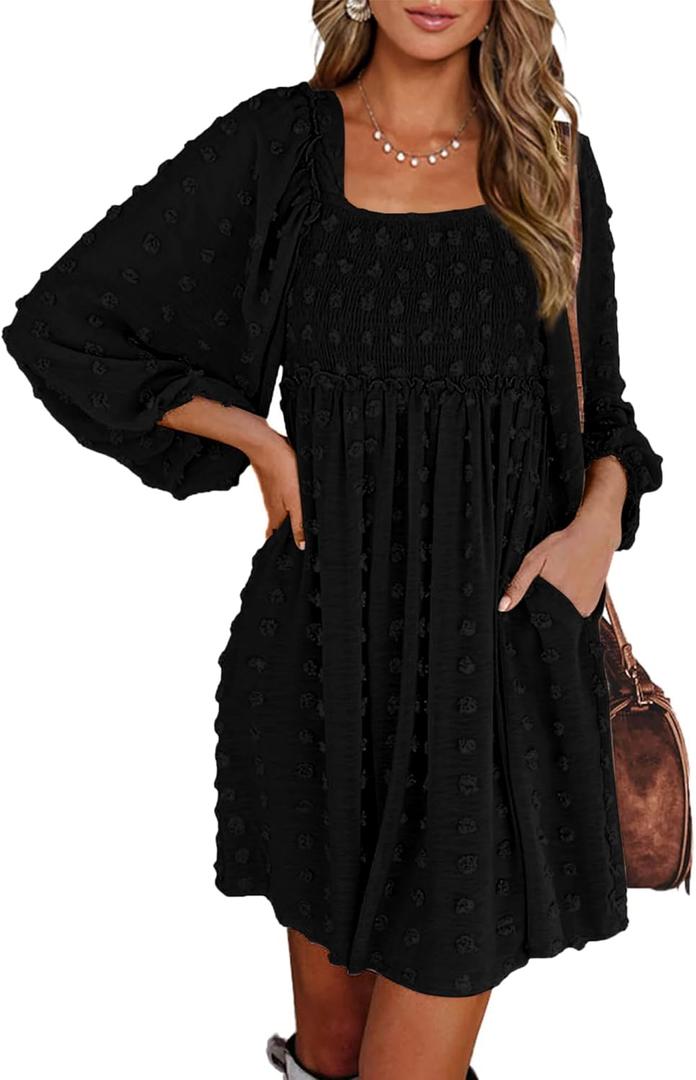BTFBM Women Square Neck Smocked Dresses 2025 Summer Spring Long Sleeve Floral Swiss Dot Mini Boho Wedding Guest Dress (XX-Large, Black)
