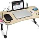 Slendor Lap Desk with Tablet Slot, Foldable Laptop Table with Storage DrawerPortable Bed Desk for Laptop, Computer Tray with Cup Holder Notebook Stand Reading Holder for Couch Floor, White Maple