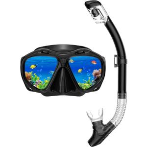 Snorkeling Gear for Adults, Dry Top Snorkel Mask Set, Diving Scuba Mask, Swimming Goggles with Nose Cover, HD Tempered Glass Panoramic Swim Freediving Anti-Leak Anti-Fog Travel Packages (Black 1 Piece)
