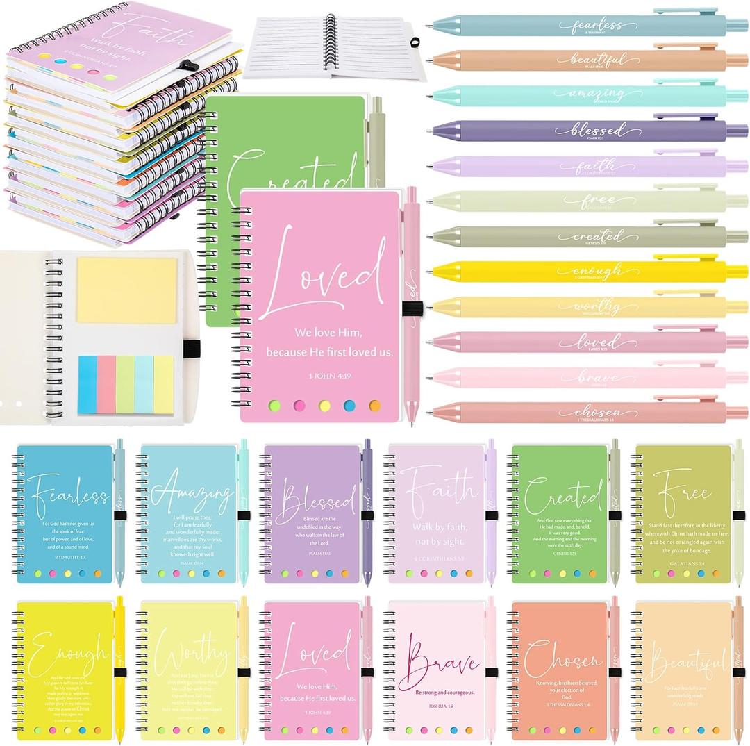 Kosiz 24 Sets/48 Pcs Christian Fathers Day Birthday Gifts Bulk Inspirational Prayer Journal Christian Scripture Notebook and Bible Pen Religious Church Gift for Women Men Pastor (Simple,Macaron Color)