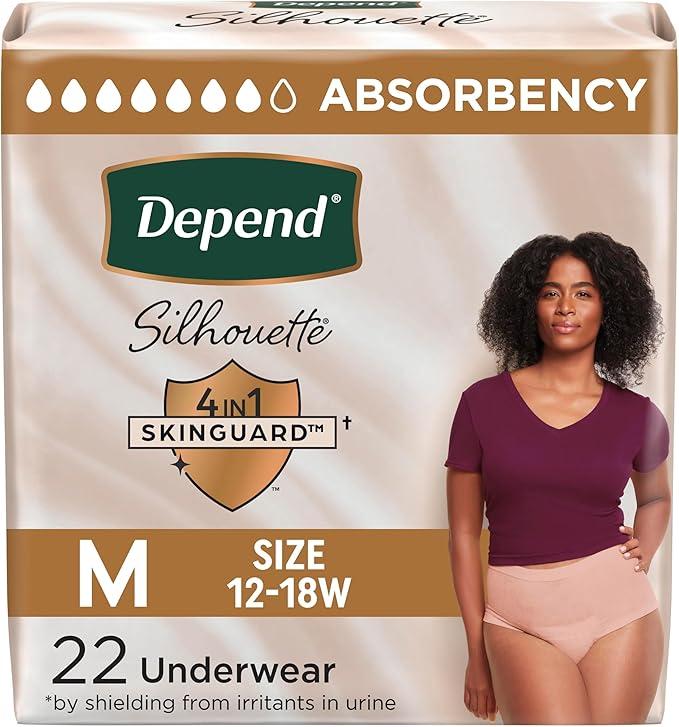 Depend Silhouette Adult Diapers, Incontinence & Postpartum Bladder Leak Underwear for Women, Maximum Absorbency, Medium, Pink, 22 Count