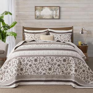 Oversized King Bedspreads 128x120, 100% Cotton California King Quilt, Farmhouse Botanical Pattern, Reversible Lightweight Comforter Bedding Set with 2 Pillow Shams, Brown/Coffee