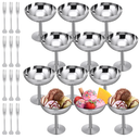 Reallnaive 6 Sets Stainless Steel Ice Cream Cups 6.7 Oz Small Footed Bowls with Forks Bulk Stainless Dessert Cup for Serving Pudding Fruit Summer Birthday Party Supply (Glossy,Silver)