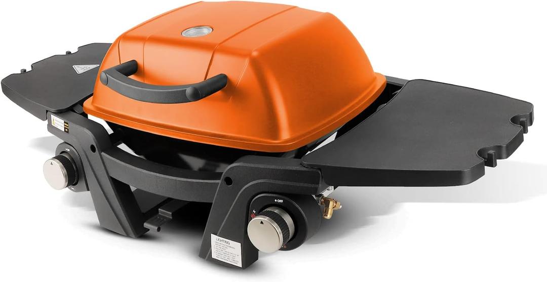 Gas Grill - Portable Propane Tabletop BBQ Grill, 12,000 BTU with Two Burners, Removable Side Tables, Built-in Thermometer, Orange