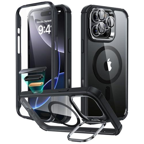 ESR for iPhone 15 Case with Stand, Compatible with MagSafe, Full-Body Military-Grade Drop Proof Case with Built-in 9H+ Tempered Glass Screen Protector, Armor Series, Clear Black