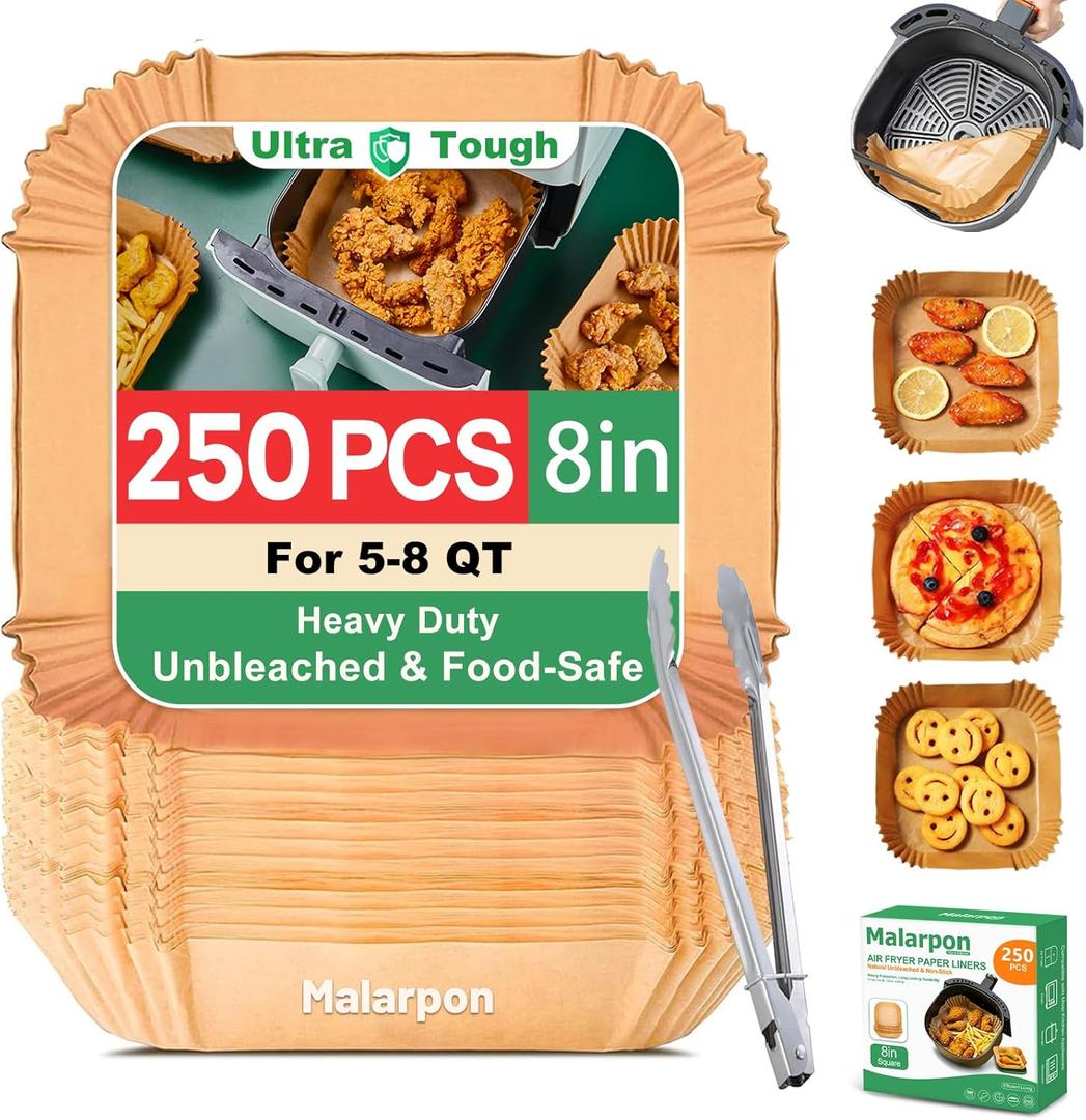 250 Pcs Air Fryer Liners Disposable 8 Inch, Non-Stick Oil-Resistant Air Fryer Paper Liners for 58 QT Baskets, Parchment Paper Liners for Air Fryer, Oven, and Microwave Use (Square)