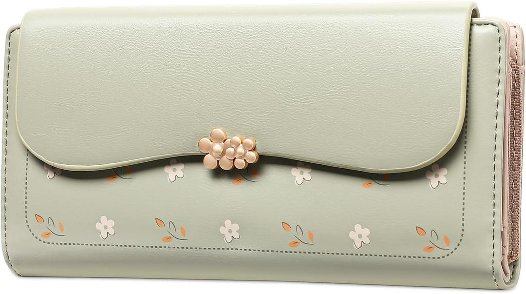 Womens Wallet Leather Credit Card Holder RFID Blocking Trifold Long Ladies Purse with Zipper Pocket