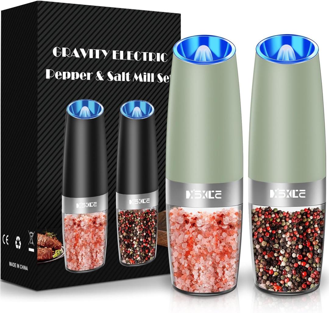 Gravity Electric Pepper and Salt Grinder Set, Adjustable Coarseness, Battery Powered with LED Light, One Hand Automatic Operation,Light Green, 2 Pack