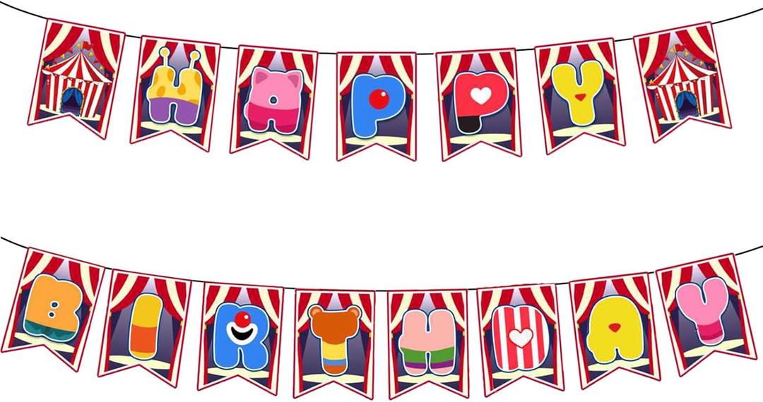 Pre-strung Circus Carnival Happy Birthday Banner for Cartoon Anime Theme Party Hanging Bunting Decorations (Multicolor)