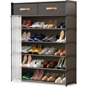 Cabbrix Shoe Rack with Covers & 2 Top Drawers, 7 Tier Shoe Storage Large Capacity Cabinet 28 Pair, Space Saving Vertical Shoe Storage Organizer for Closet, Entryway, Dorm, Bedroom