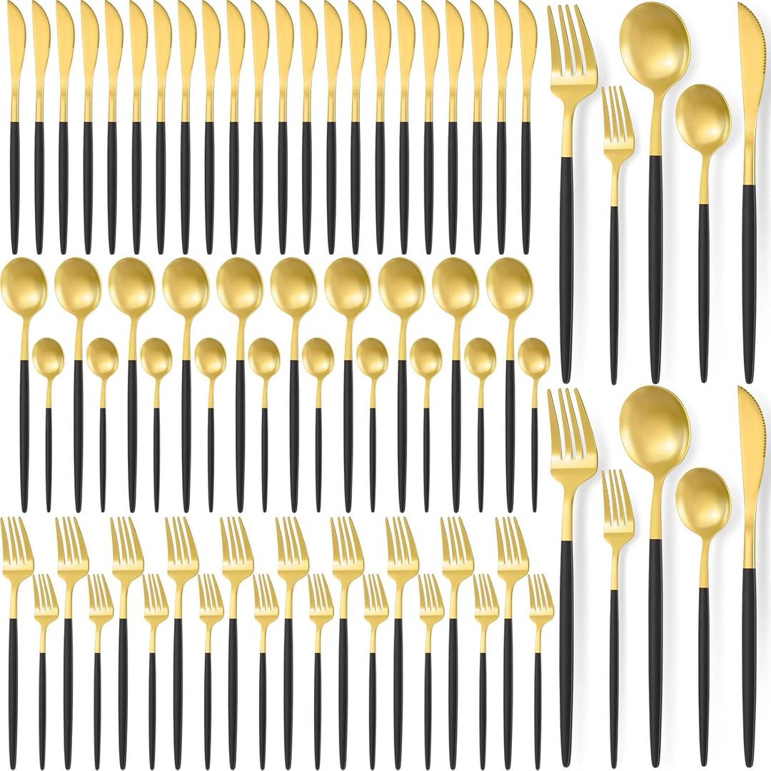 60 Pieces Stainless Steel Tableware Set Silverware Set Flatware Cutlery Utensils Spoon Fork Knives Service for 12 for Home Restaurant Apartment and Kitchens(Black Gold)