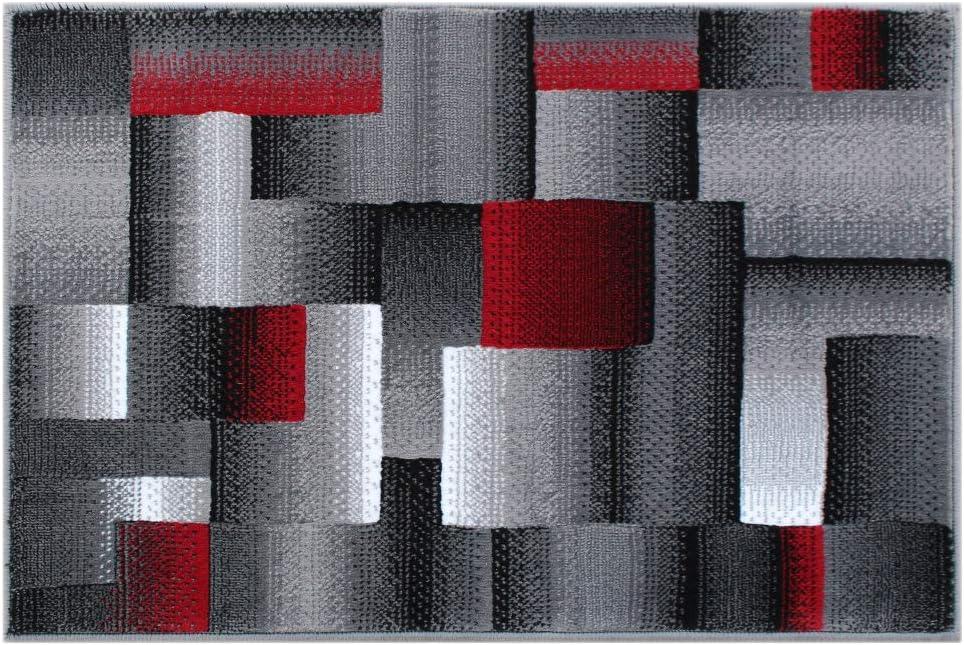 Masada Rugs, Modern Contemporary Mat Area Rug, Red Grey Black (2 Feet X 3 Feet) Mat (2 Feet X 3 Feet, Red)