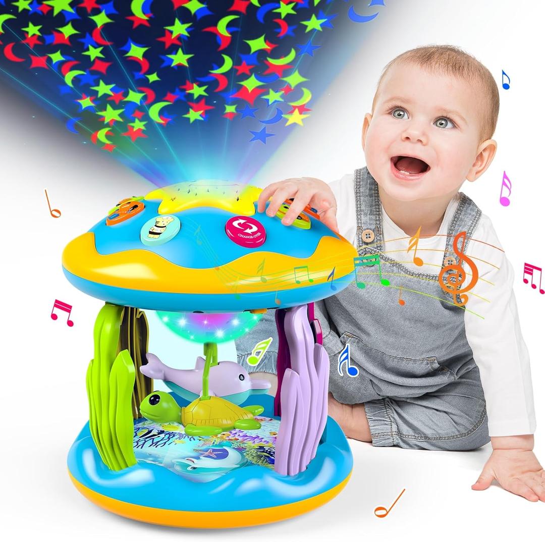 Baby Toys 6 to 12 Months, 4 in 1 Musical Rotating Projector, Tummy Time Light Up Infant Toys For 6-9 12-18 Months, Learning Toy Birthday Gifts for Baby Toddlers 1 2 3 Years old Boys & Girls (Blue)