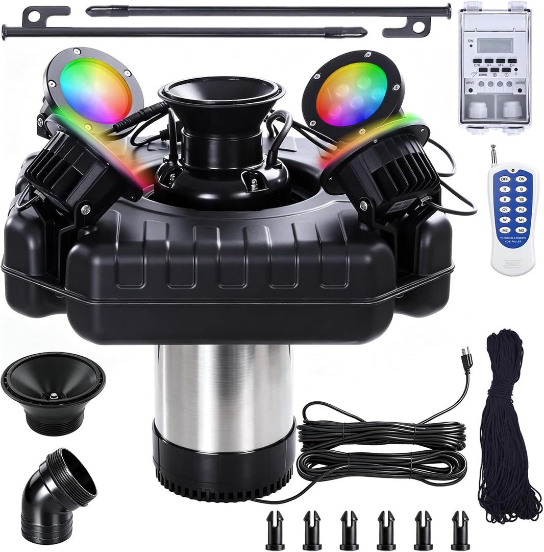 Pond Fountain Aerator with Lights,Pond Fountain with 4 RGB Lights,1HP 750W 110V Floating Pond Fountain with 100FT Power Cord& Timer,Pond Fountains for Large Ponds,Lakes