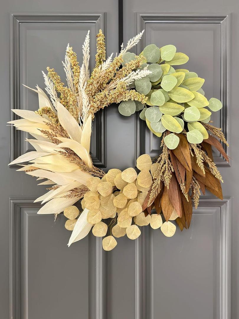 24" Fall Wreath for Front Door, Handcrafted with Faux Eucalyptus Wheat Corn Husk, Fall Decor for Home Front Door Wall Window, Farmhouse Autumn Harvest Wreath 24" Fall Wreath for Front Door, Handcrafted with Faux Eucalyptus Wheat Corn Husk, Fall Decor for Home Front Door Wall Window, Farmhouse Autumn Harvest Wreath