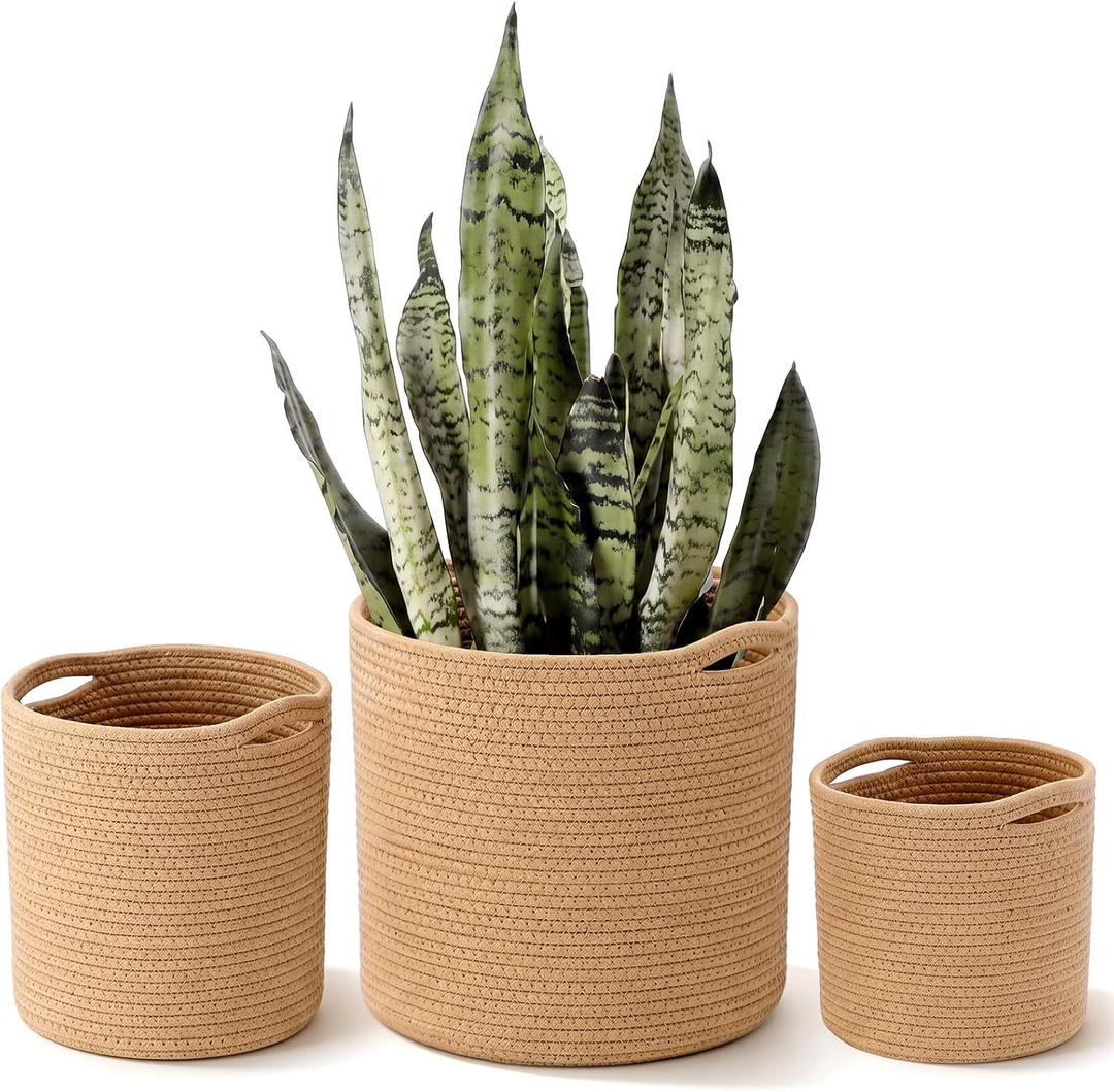 Xuhal 3 Pcs Plant Basket Woven Storage Basket Boho Planter Baskets Modern Woven Flower Tree Pots for Home Decor Blankets Organization (Khaki)