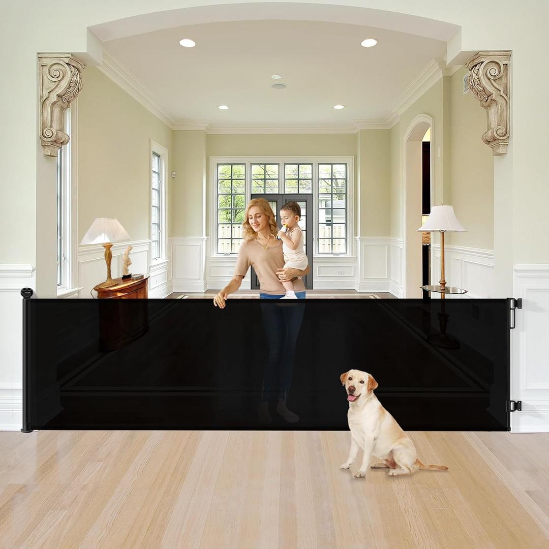 34'' Tall 100'' Extra Wide Retractable Baby Gates for Large Openings, Momssy Child Safety Mesh Gate, Long Dog Gate for Indoor/Outdoor Stairs Hallways Deck Patio Garage Door (Black) (100 inch(Black))