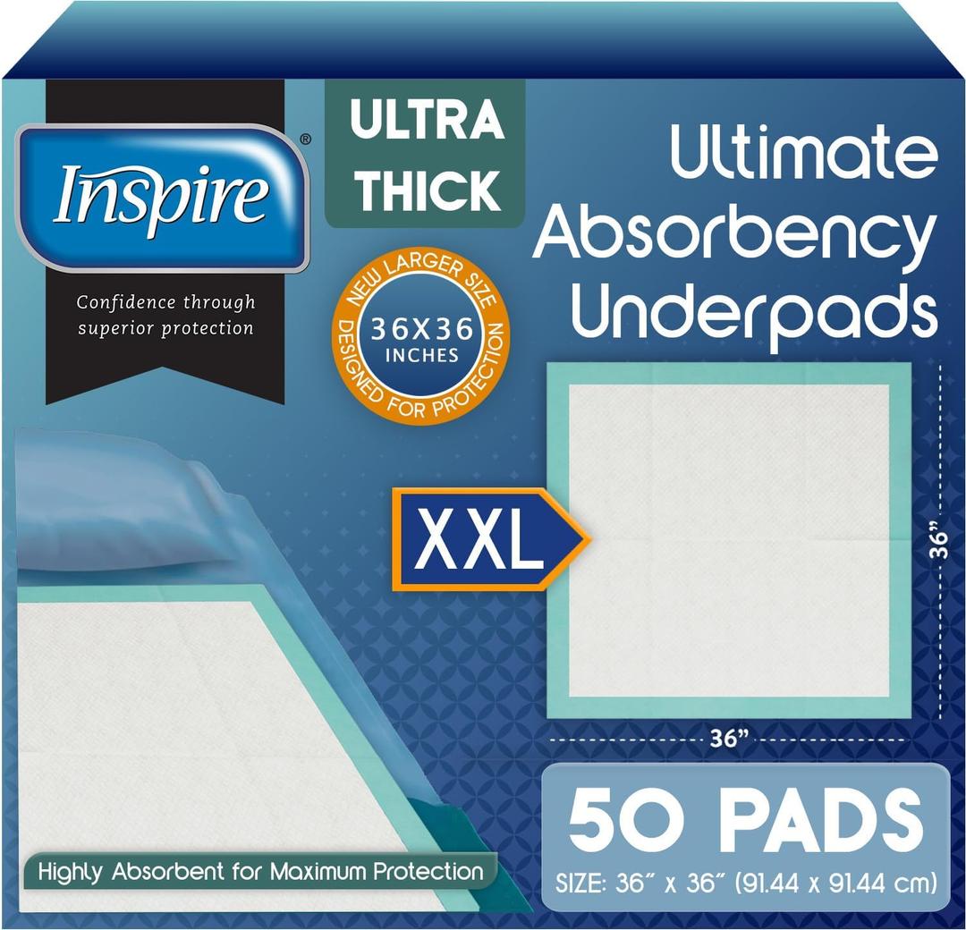 Inspire Extra Large Super Absorbent Disposable Bed Pads for Chronic Incontinence Ultra Thick and Absorbent Bed Pads Disposable Adult | Pee Pads for Adults (36" X 36" Pack of 50) XXL