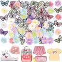 NICEVINYL Flower Iron on Patches for Clothing: 90pcs Multicolor Cute Daisy Flower Applique Patches Sew on Backpacks - Butterfly Embroidered Patches for Jeans Jackets Tote Bags Hats
