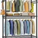 VIPEK R2 Plus Heavy Duty Rolling Garment Rack 3 Tiers Adjustable Wire Shelving Clothes Rack with Double Rods and Side Hooks, Freestanding Wardrobe Storage Rack Metal Clothing Rack, Black