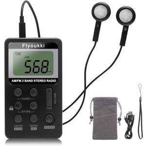 Pocket Small Radio by Flyoukki, Personal Mini AM FM Portable Digital Tuning Transistor Radios with Best Reception, Earphones, Lanyard and Rechargeable Battery for Walking Jogging Exercising (Black)