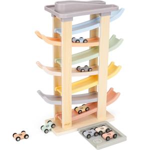 Joyreal Montessori Toddler Toys for 1 2 3 Year Old - 7 Level Wooden Car Ramp Racer Toys with 8 Mini Cars & 2 Garages - Christmas Birthday Gifts for 2 Year Old Boys and Girls
