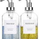Glass Soap Dispenser with Pump, Dish and Hand Soap Dispenser for Kitchen Bathroom Set, Clear Glass Dispenser Set of 2 Pack with 18 Stickers Funnel Bamboo Tray 500ml 18oz / Each Bottle Sliver Pump