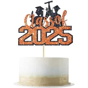 Class of 2025 Cake Topper, Orange Glitter Congrats Grad Cake Topper, Diploma Graduation Cap Cake Topper, 2025 Graduation Theme Senior High School Graduation Party Cake Supplies Decorations, 3 pack