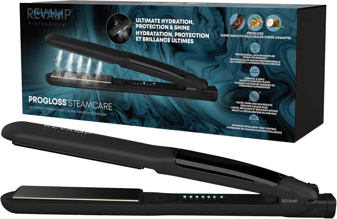 Revamp Progloss MoistureCare 1.25-Inch Flat Iron Hair Straightener  Steam Hair Straightener with Keratin, Argan & Coconut Oil Infused Ceramic & Ionic Floating Plates, Easy to Use with Auto-Off