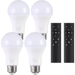 A19 LED Light Bulbs with Remote Control, 800LM 9W (60W Equivalent) Bulbs,Stepless Dimmable 3000K-6000K,E26 Base,CRI 80+,2.4GHz,25000+ Hours Lifespan,Light Bulb for Home Decor,4Bulb & 2Remote
