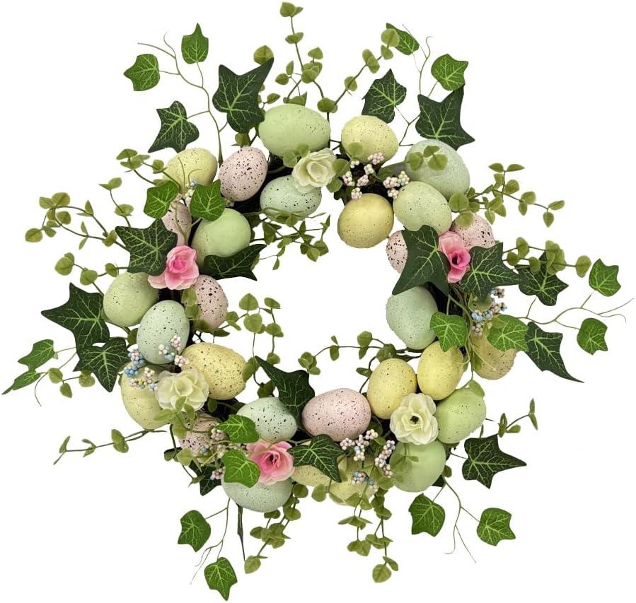 20 Inch Artificial Easter Egg Wreath, Spring Easter Wreath with Artificial Floral & Greenery, Easter Themed Wreath, Easter Door Hanger, Home Decor for Front Door, Wall, Window, Indoor & Outdoor