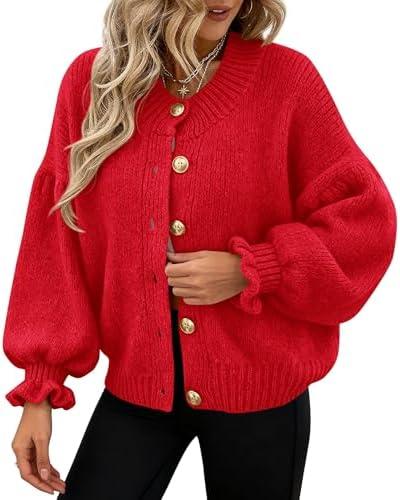 PRETTYGARDEN Womens Cropped Cardigans Trendy 2026 Ruffle Open Front Chunky Knit Sweater Oversized Button Down Fall Clothes S