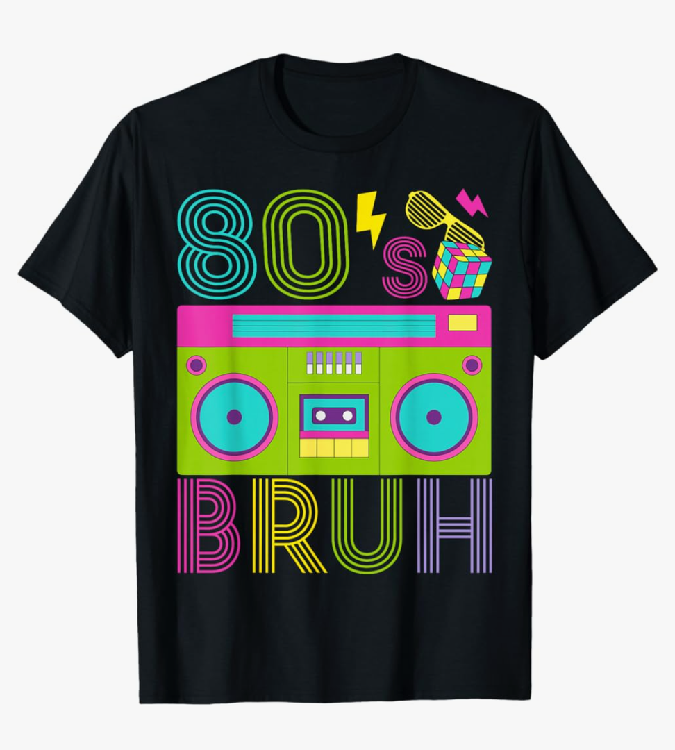 Retro 80s Bruh Outfits for Boys 1980s Party Outfit Eighties T-Shirt Size Medium, Black 
