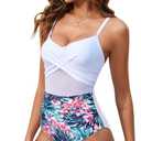 Narecte Women Sexy Mesh One Piece Swimsuit Tummy Control Bathing Suit Push Up High Waisted Swimwear, 2XL
