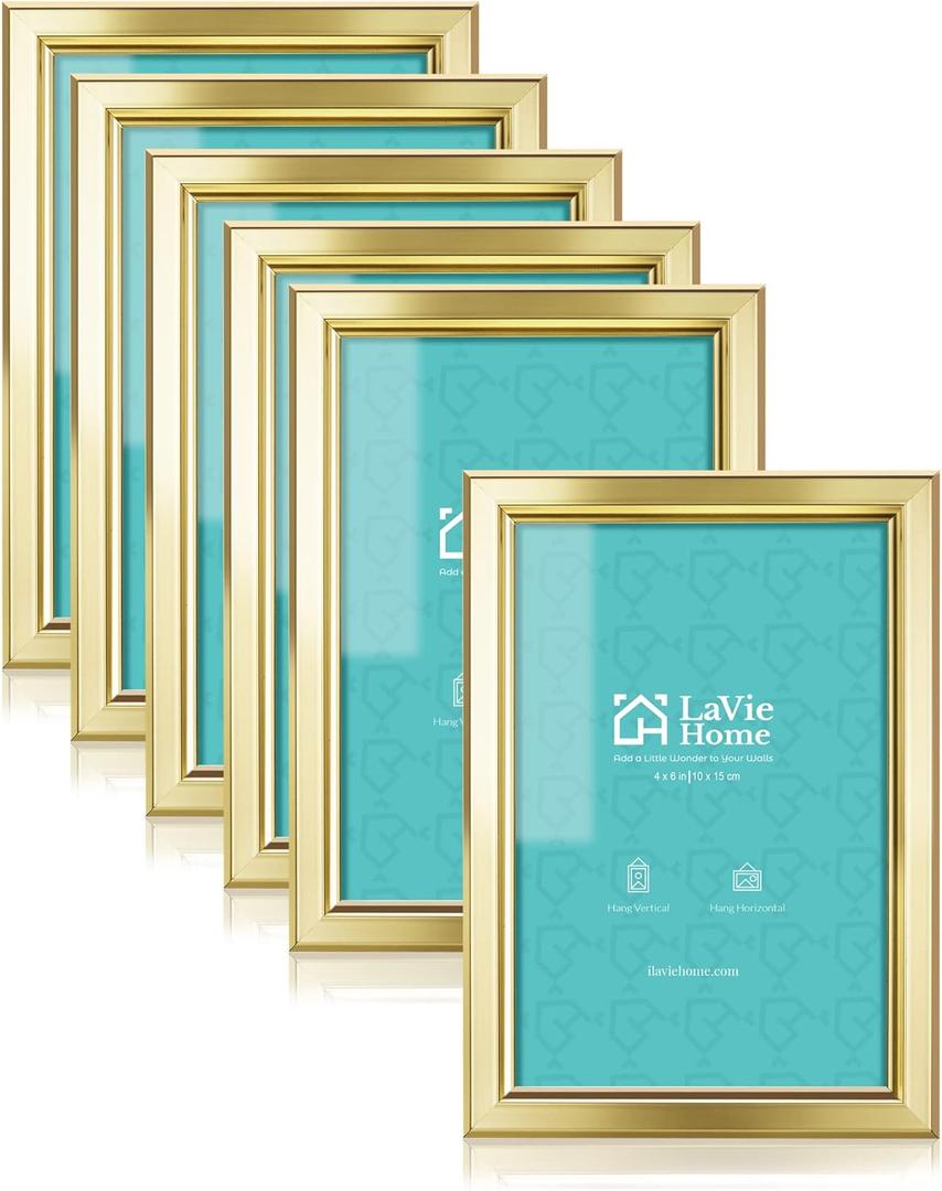 LaVie Home 4x6 Picture Frames (6 Pc, Gold) Simple Designed Photo Frame with High Definition Glass for Wall Mount & Table Top Display, Set of 6 Classic Collection