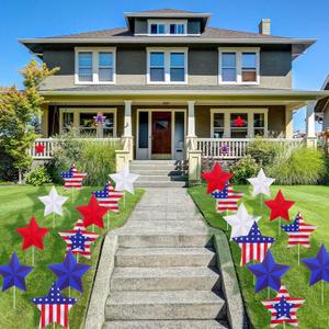 12 Pcs 4th of July Yard Sign Large Patriotic Stars Yard Sign with Stakes Memorial Day Red White and Blue Patriotic Tree Decorations for Independence Lawn and Garden Outdoor Decoration